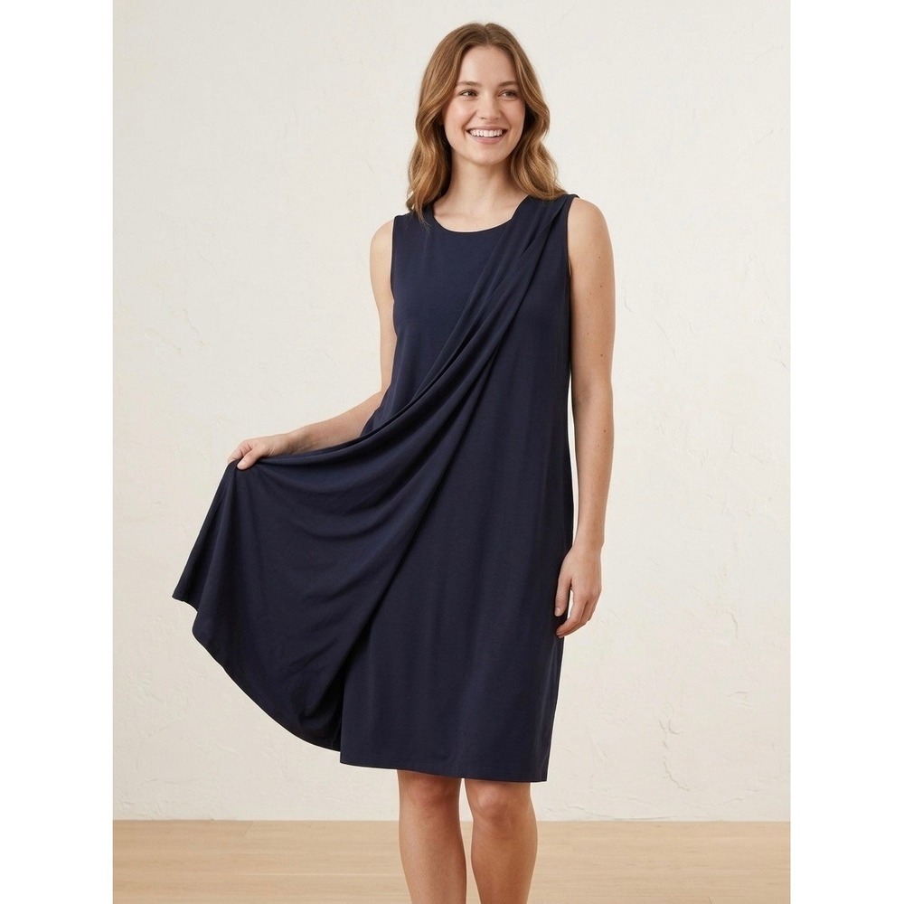 Eileen Fisher Navy Blue Viscose Jersey Draped Sleeveless Shift Dress Medium